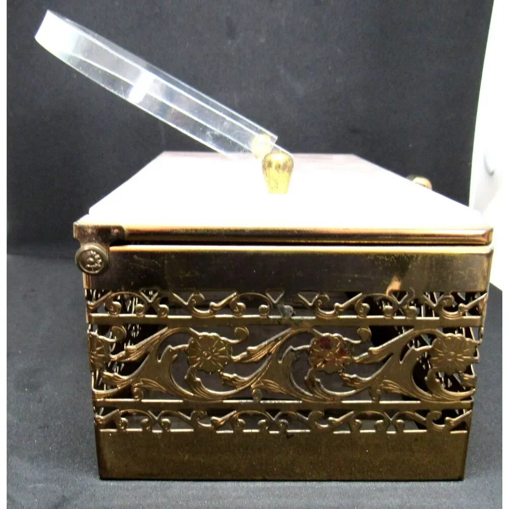 Lucite pearl purse box brass filigree trim with Mirror handbag 1950 mid century